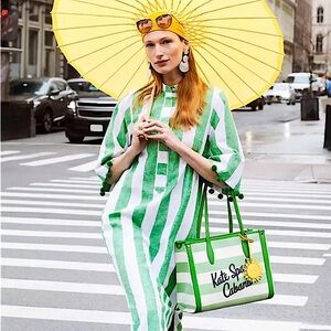 Kate Spade New York Market Cabana Canvas Green and White Striped Medium Tote